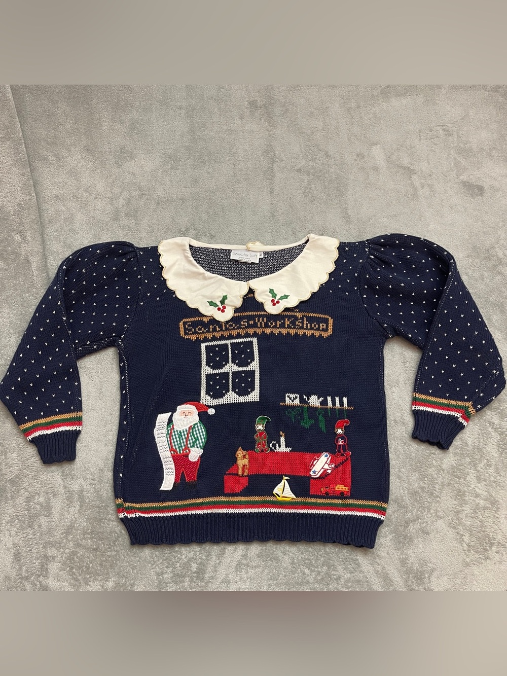 Vintage Sweater Loft Christmas Santa's Workshop Collar Knit Sweater Medium USA